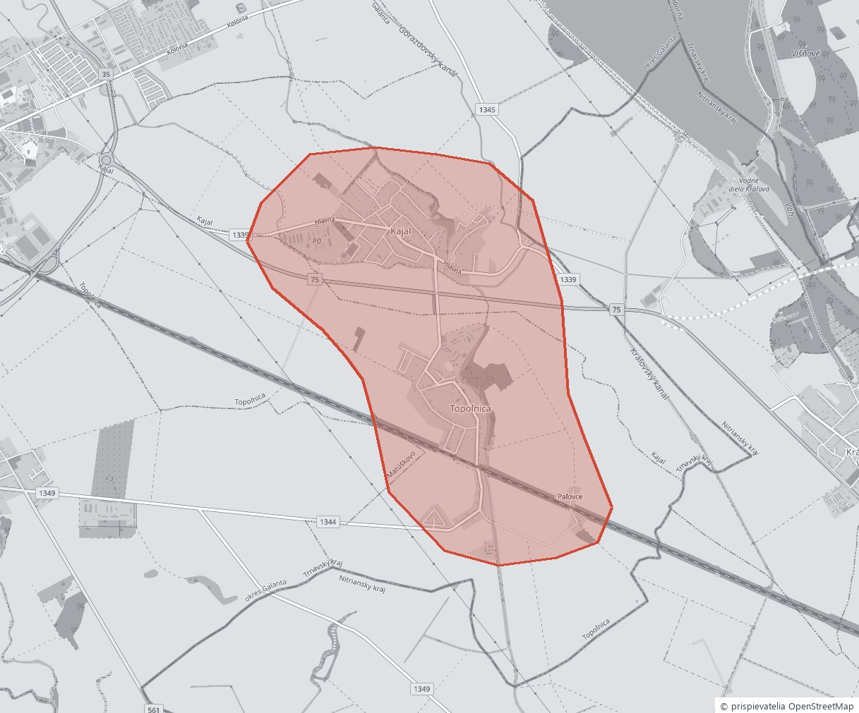 Mapa pokrytia – vyznačená oblasť zahŕňa Kajal, Topoľnicu a Paľovce. Mapové podklady © prispievatelia OpenStreetMap